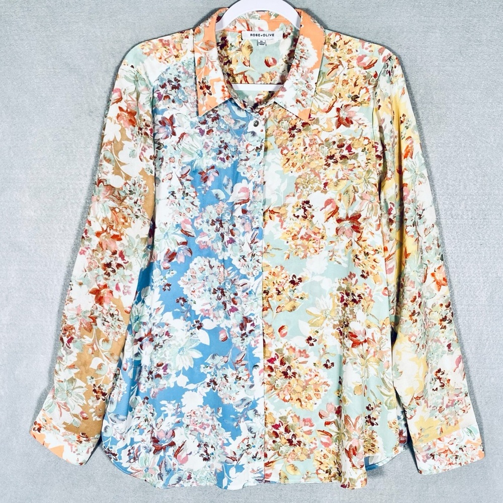Lovely Rose+Olive Floral Button Up Blouse!
